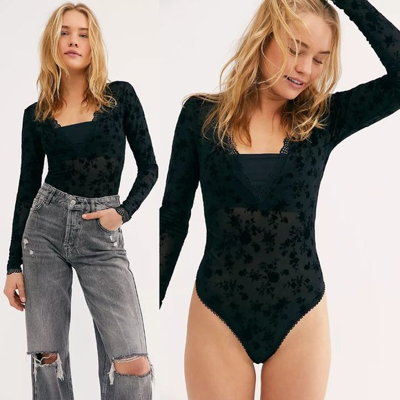 Free People Tops - NEW Free People Babes In Bandeaus Bodysuit Black Semi Sheer Flocked Velvet M $88